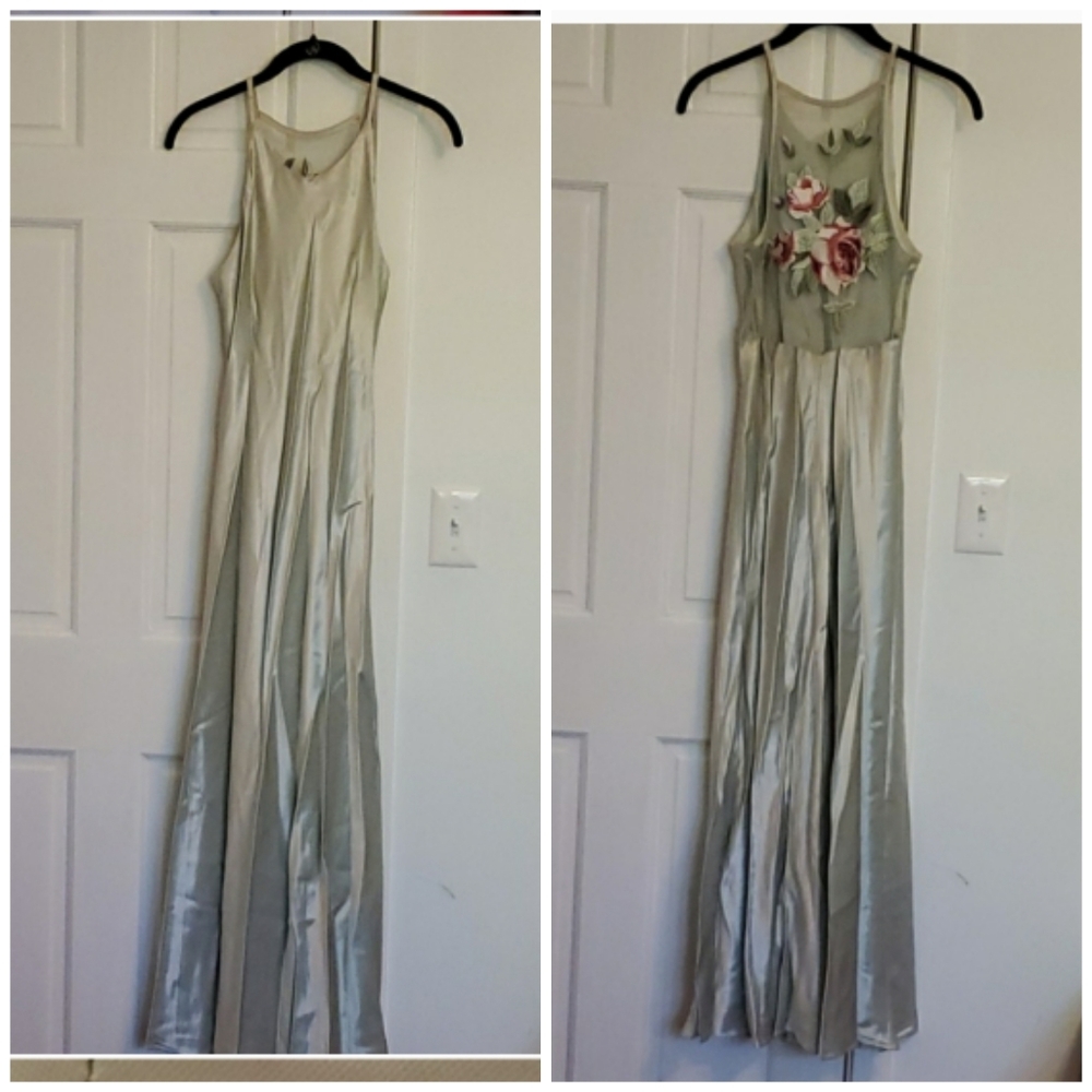 Mint Embroidered Back Long Formal Dress